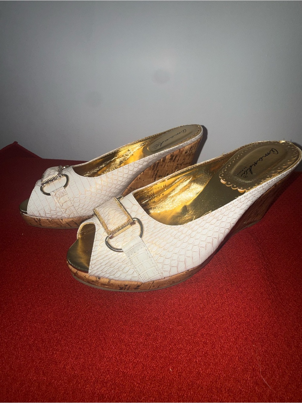 White Textured Peep-Toe Wedge Mule with Gold Insole